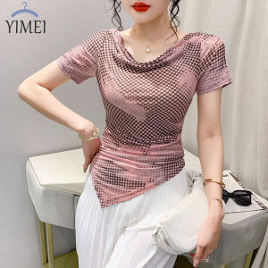 YIMEI Áo Thun Nữ Hoài Cổ Thời Trang In Màu Mực 2023 Áo Thun Lưới Cộc Tay Mới Mùa Hè Áo Thun Nữ Thiết Kế Bất Đối Xứng