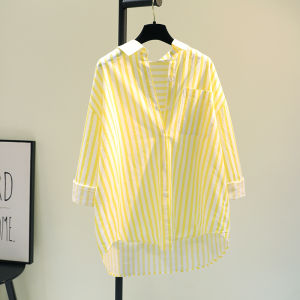Brand Discount Tag Removed Spring Autumn Loose Long Womens Shirt Top Striped Fashionable Single Pocket Button up Blouse