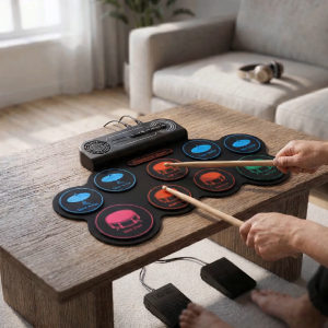ammoon 9 Pad Roll Up Electronic Drum Set Portable Silicone Drum Kit Built in Speaker Headphone Jack USB MIDI 8 Demo Songs Dual Pedals for Beginners