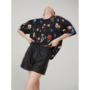 XIAODADEHUA | Designed Floral Print Casual Tshirt Short Sleeve Round Neck