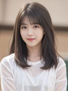 Natural Looking Womens Mid-Length Hair Wig Airy Bangs Full-Head Cover Style Simulated Real Human Hair for Round-Faced Women