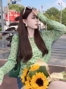 Summer Dopaamine Green Polka Dot Womens T-Shirt Slim Fit Short Style Unique Beautiful Long Sleeve Top Korean Version Moisture Wicking