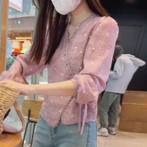 Áo Sơ Mi Nữ Tay Dài Cổ Chữ V Dáng Rộng Mùa Hè 2025 Phong Cách Mới Giản Dị Nghệ Thuật Áo Cardigan Hở