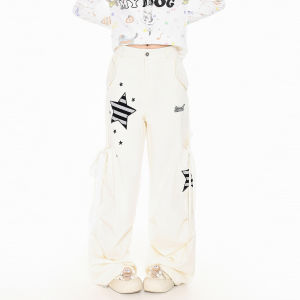 YO Retro Star Pattern Work Pants Womens Loose Wide Leg Casual Trousers Comfortable Loose Fit Natural Waist Zipper Closure