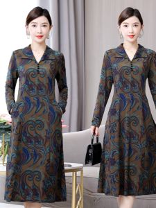 Váy Dài Tay Họa Tiết Hoa Thời Trang Cao Cấp Cho Mẹ Mùa Xuân Thu Mới Về Váy Chữ a Cho Phụ Nữ Trung Niên