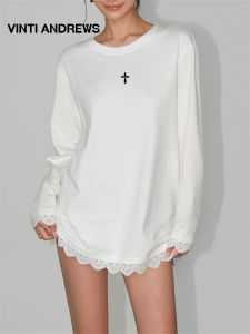 Round Neck Lace Splice Long Sleeve T-Shirt