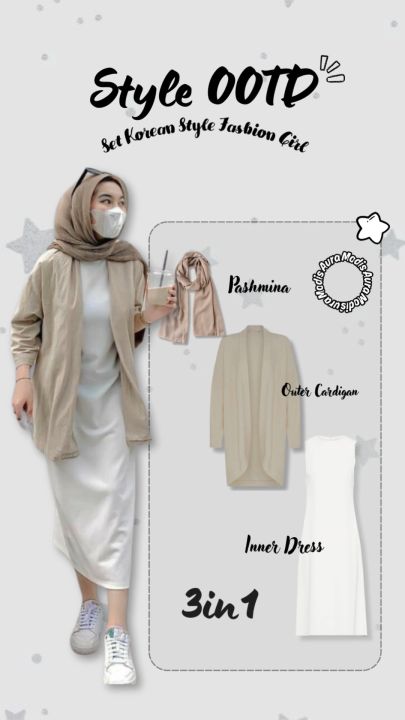 One Set OOTD 3IN1 Wanita Hijab Pashmina Plisket Outer Cardigan