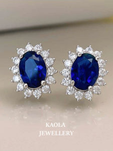 Dai Fei Style Oval Sapphire Earrings Womens Red Ruby Pure Silver 18K Gold Embedded Diamond Royal Blue High-End Gift Trendy