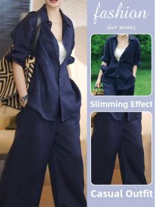 LIANGYILAILIN | Minimal Style Blue Linen Shirt and Pants Set
