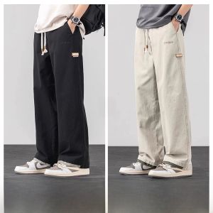 ROMON | Lormen Mens Casual Cotton Pants Summer Thin Loose Drapey Wide Leg Straight Tube Sports Workwear Long Trousers Trendy