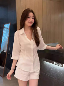 XUECAIQI | Slimming Fashionable Elegant Big Size MM Summer White Shirt Shorts Set