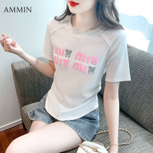 Ammin mùa hè mới Vòng cổ đơn giản màu hồng thời trang in chữ cái ngắn tay thường ngày cotton t-shirt nữ phong cách Hàn Quốc Tranh bán chạy kim cương sáng thư thiết kế thoải mái Slim Áo Blouse thanh lịch