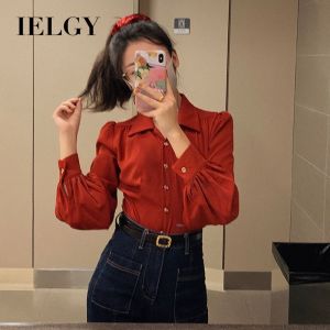 IELGY Womens red shirt Korean style retro short waist shirt