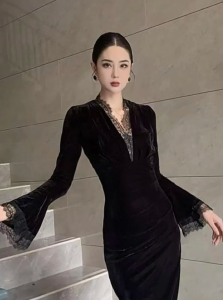 DANTING | Black Velvet Formal Slimming Lace Dress