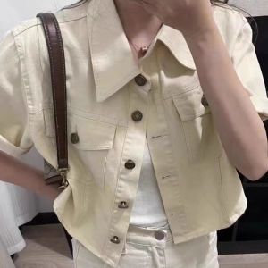 Summer Short Sleeve Shirt Womens Thin Outerwear Korean Style Commute Loose Fit Pure Color Button Closure Polyester Fiber