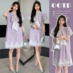 Sweet Korean-style Purple Lace Dress Short Sleeve Bowknot Patchwork Plus-size Maternity Dress