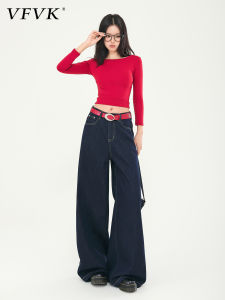 Deep Blue Fleece Lined Wide Leg Jeans Loose Fit Pear Shape Womens Winter Straight Long Trousers Comfortable Breathable Cotton Blend