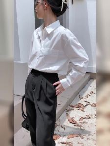 AMMIN Korean Style Pleated Single-Breasted Solid Color Chiffon Shirt Womens 2024 Spring and Autumn Leisure French Pocket Design Elegant Blouse
