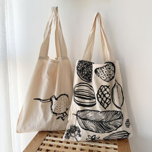 Cotton Linen Single Shoulder Bag Artistic INS Large Tree Leaf Print Shopping Bag for Women Soft Open Pocket Japanese Chic Style