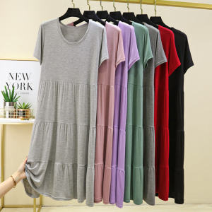 ชุดเดรสทรงเค้กคอตั้งแขนสั้นหลวมๆ สำหรับฤดูร้อน ผ้าโมดอลบาง กระโปรงทรงเอเข้ารูป กระโปรงยาวคลุมเข่า สไตล์ทำงาน เอวสูง