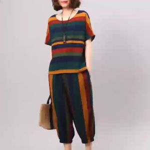 Two Piece Set Women Cotton Sets Summer Loose Retro Stripe Suits Short Sleeve Tops and Pants Casual Sets
