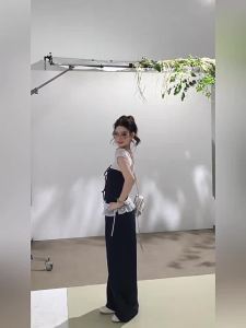 THROUS | Set áo buộc dây phối màu + quần ống rộng lưng cao viền ren