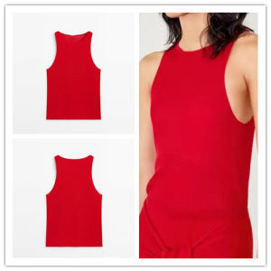 เสื้อยืดแขนกุดสีแดงอเมริกันสีพอดีตัวสำหรับผู้หญิงในฤดูร้อนปี 2024 เสื้อคลุมกันหนาวแบบสวมหัวทรงสลิมฟิตสำหรับผู้หญิง