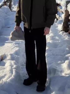 กางเกงวอร์มทรงตรงเอวกลางผ้าขนแกะหนาสีดำ Cleanfit กางเกงขายาวทรงหลวมสไตล์อเมริกันสำหรับเยาวชนในฤดูใบไม้ร่วงและฤดูหนาว