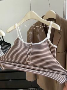 Divva Tinh Khiết Mong Muốn sọc trắng dây đeo Cỡ Nhỏ Vest Của Phụ Nữ nút gợi cảm Xuống quần soóc thon Phong Cách Với miếng đệm ngực Đầu Mùa Hè Thời Trang