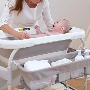 Foldable 2-in-1 Baby Changing Table & Bathtub Portable Care Station with Diaper Organizer Perfect for Small Nursery Travel and Newborn Gift