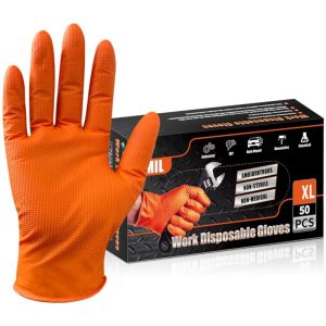 Orange Nitrile Disposable Gloves 8Mil Heavy Duty Diamond Texture Grip Safety Work Gloves for Mechanic Industrial Cleaning Gloves