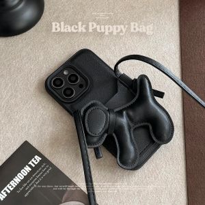 Luxury Korean Crossbody Lanyard Necklace Dog Puppy Card Holder Black Case for IPhone 16 15 14 13 12 Pro Max Shockproof Cover