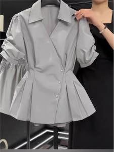 Gray Polo Collar Short Sleeve Shirt Womens Casual Fashion Lazy Style Summer New Super Beautiful Versatile Top Butterfly Knot