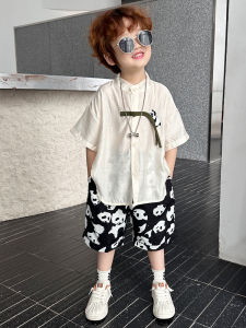 Childrens Summer Hanfu Set Thin Short Sleeve Two-Piece Suit Boys Fashionable Tang Costume Korean Style Baby Outfit Kids Clothes