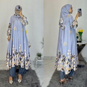 ^ K-FASHION Tunik Set Sudah Termasuk Hijab Bahan Cringkle mix Ceruty Motif Adem Baju Terbaru Mewah Tama Melati Aisyah Safira Aiswa Tibrana