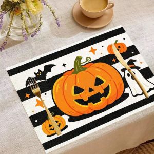 VIKAMA 2/4/6pcs Halloween Table Mat Pumpkin Ghost Black Cat Witch Broom Bat Star Table Mat Spooky Party Table Decoration