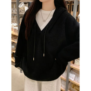 Idle Style V-neck Hooded Sweater Womens Autumn and Winter 2024 New Arrival Best Selling Loose Outerwear Coat Knitting Tops
