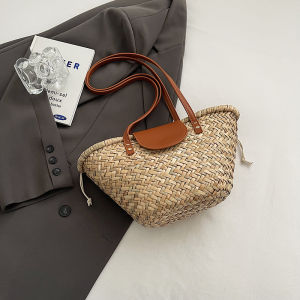 Summer Large Capacity Woven Womens Bag Casual Beach Vacation Basket Shoulder Beach Bucket Bag Korean Style Canvas Material