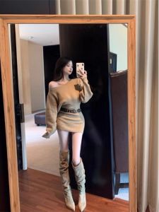 Khaki Slant Shoulder Long Sleeves Knitting Dress Female Fall Slim Fit Sweater Dress Pure Desire Wind Waist-Tight Hip Skirt