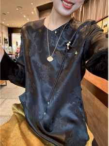 Elegant Black Loose Shirt with Embroidery New Chinese Style National Trend round Neck Button Long Sleeve Straight Cut Top