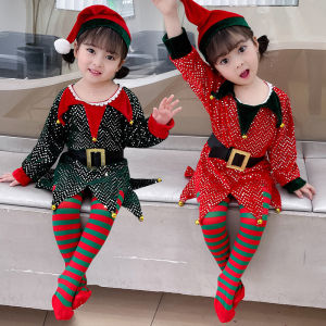 Christmas Childrens Clothing Girls Elf Princess Green Red Sequin Dress Kindergarten Dance Performance Costume