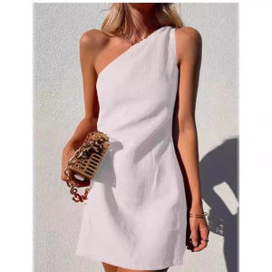 ชุดเดรสสั้นผ้าฝ้ายลินินฤดูร้อนสำหรับผู้หญิง ทรงเข้ารูป แขนยาว กระโปรงทรงเอ คอวี กระโปรงสั้นผ่าข้าง ชุดเดรสแขนกุด