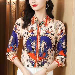 AMMIN 2023Autumn new simple lapel Fashion Vintage Baroque print long sleeve single breasted commuter chiffon blouse Korean Style Abstract Graffiti print plus size elegant Blouse