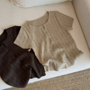 CHOEFULYN | Elegant Short Sleeved Cardigan Oatmeal Color