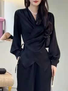 QINGNAER | Cross V-Neck Band Sleeve Long Shirt Plus Size