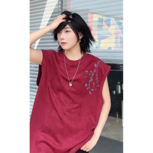 New Chinese Style Bamboo Element Sleeveless T-Shirt Mens Summer Suede Vest Heavy Duty Old Man Shirt Loose Fit round Neck