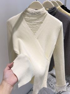 French Design Long Sleeve Lace Patchwork Knitted Sweater Womens Autumn Winter Slimming Cross V-neck Small Top Commute Style