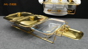 NEW Golden Rectangular Three-Grid Glass Dining Stove Hotel Restaurant Food Heating Container Buffet Pot buffet tray set Fairy Tale World One