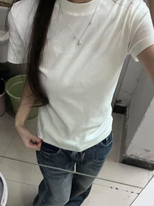 American Retro Short Sleeve T-Shirt Womens Slim Fit Pure Color Summer Top French Style High Waist Knitted Cotton round Neck