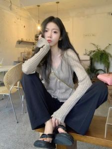 Slim Fit Long Sleeve V-Neck Knitted Cardigan Womens Ribbed Base Shirt Spring Autumn Winter New Style Pure Desire Sweet And Spicy Top